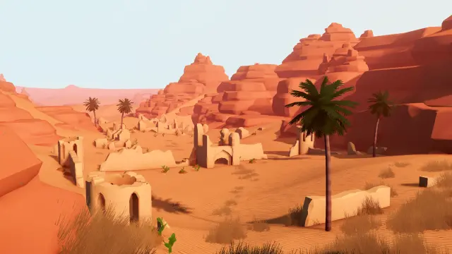 Ruined buildings among desert rock formations in Over the Hill