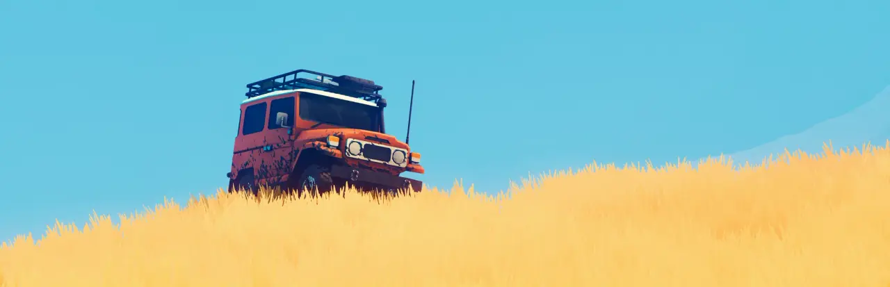 Official Over the Hill key artwork of an orange off-road vehicle above golden grass
